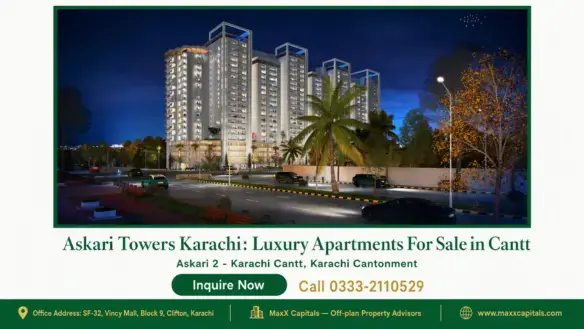Night view of Askari Towers Karachi featuring illuminated multi-story apartments, palm trees, and a landscaped driveway.