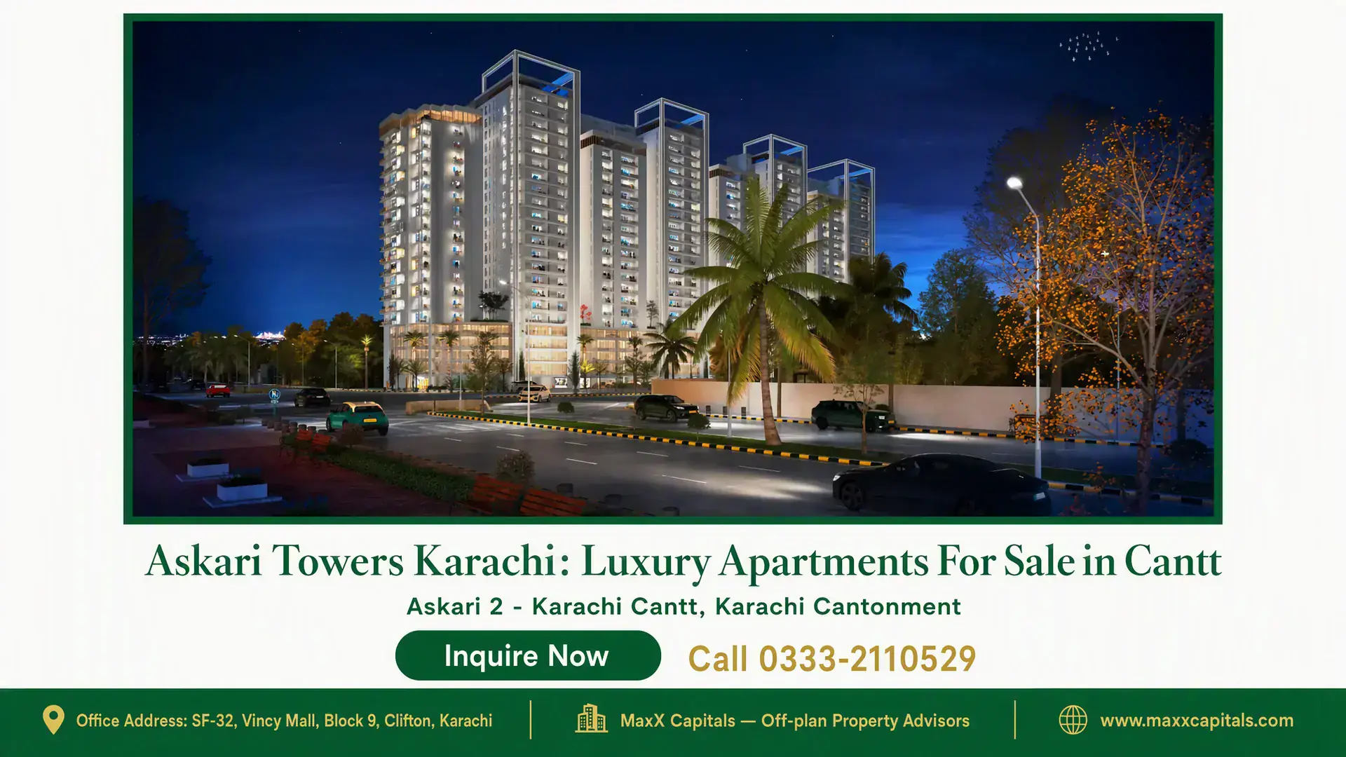 Askari Towers Karachi: Luxury Apartments For Sale in Cantt Night view of Askari Towers Karachi featuring illuminated multi-story apartments, palm trees, and a landscaped driveway.