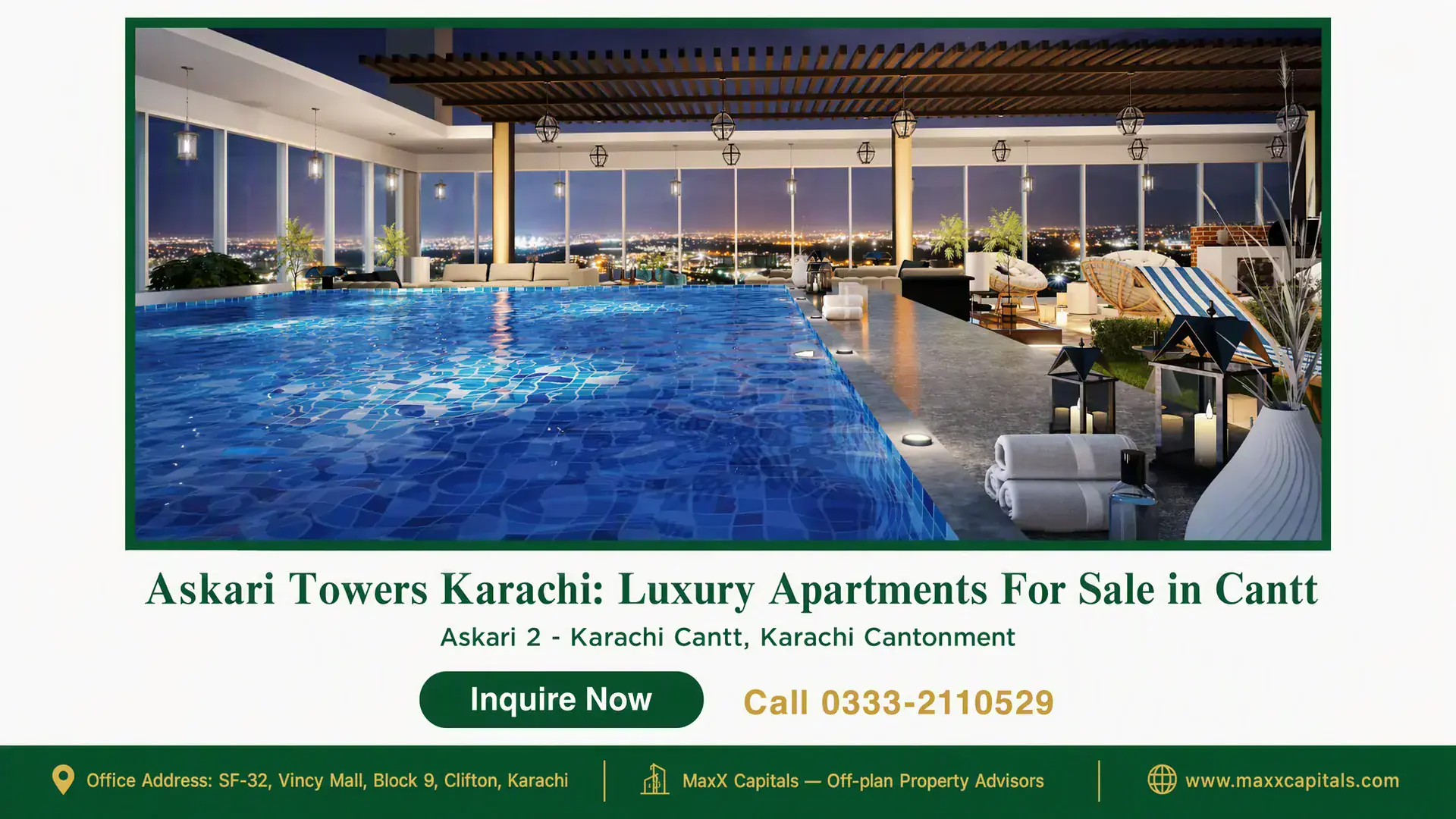 Askari Towers Karachi: Luxury Apartments For Sale in Cantt Rooftop infinity pool surrounded by glass-panel walls and modern seating at Askari Towers Karachi in Cantt.