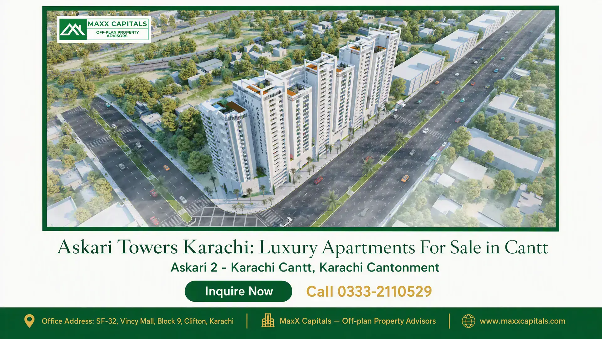 Askari Towers Karachi: Luxury Apartments For Sale in Cantt Aerial view of modern high-rise buildings of Askari Towers Karachi, featuring symmetrical architecture and surrounding greene