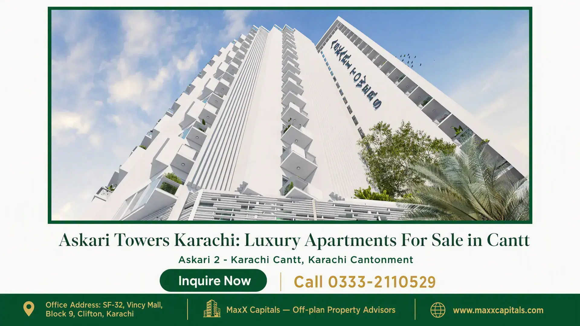 Askari Towers Karachi: Luxury Apartments For Sale in Cantt Modern high-rise residential facade with white geometric balconies and lush greenery at Askari Towers Karachi.