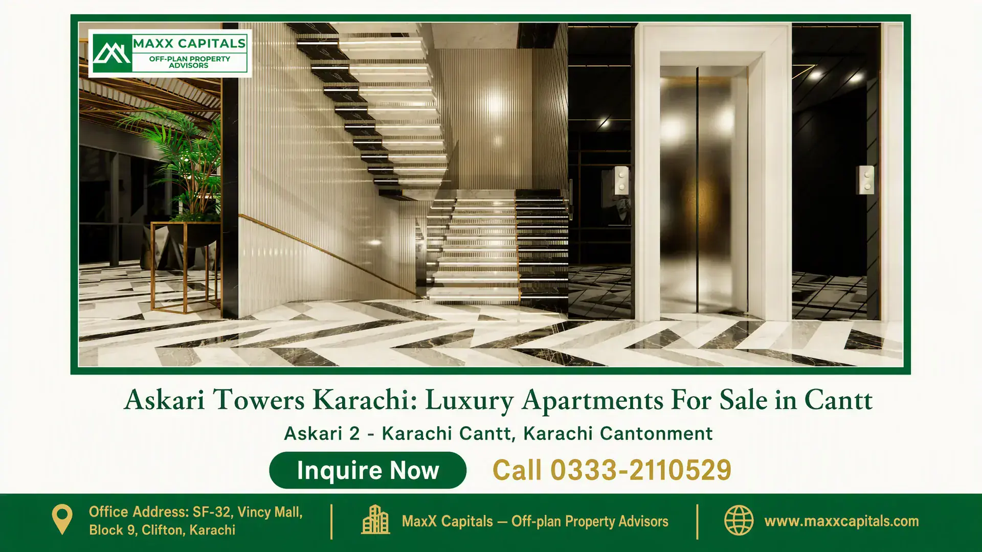 Askari Towers Karachi: Luxury Apartments For Sale in Cantt Luxury lobby in Askari Towers Karachi featuring marble flooring, modern staircase, and elevator access.