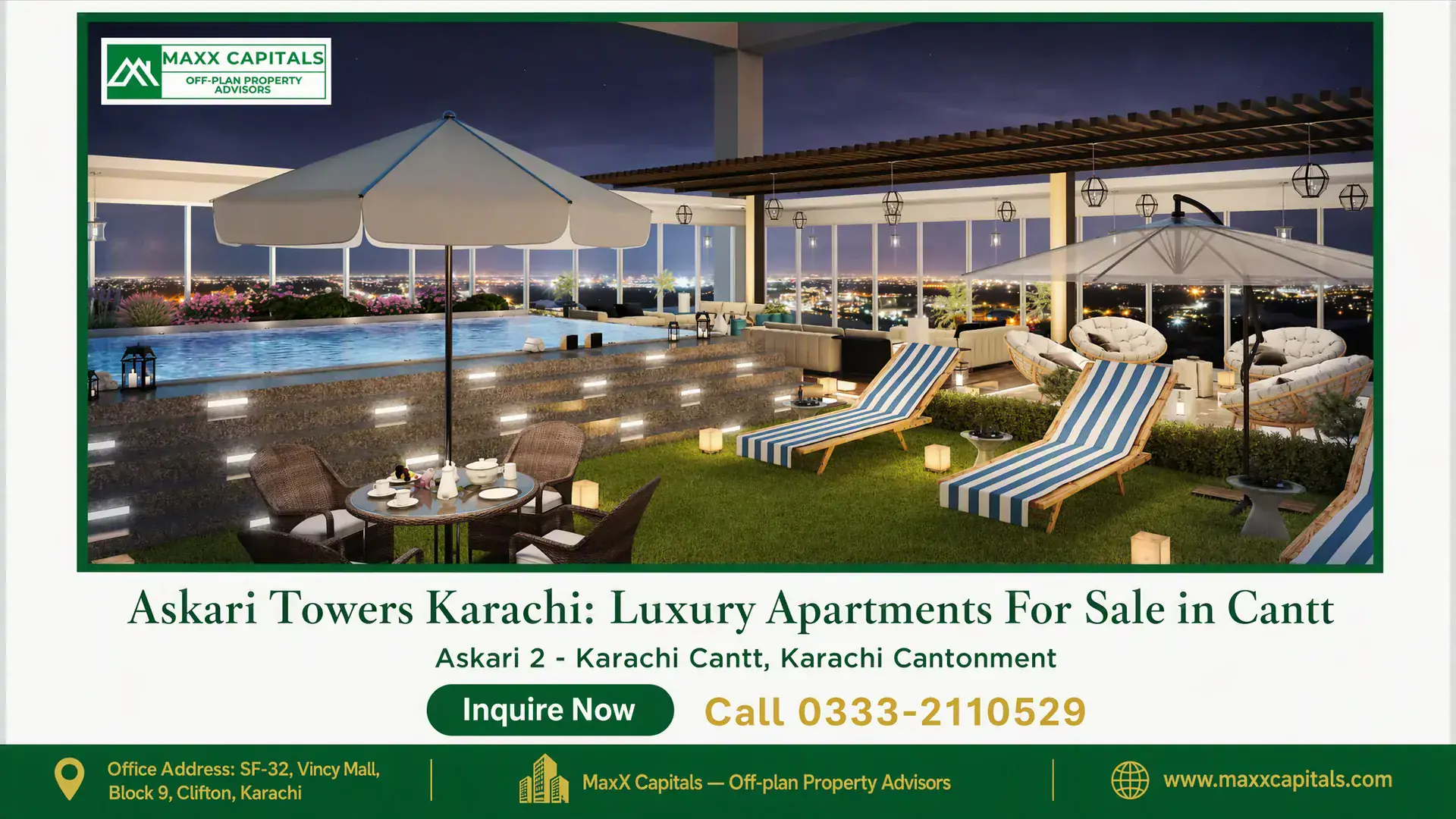 Askari Towers Karachi: Luxury Apartments For Sale in Cantt Luxurious poolside terrace with seating, loungers, and a panoramic view of Karachi at Askari Towers Karachi.