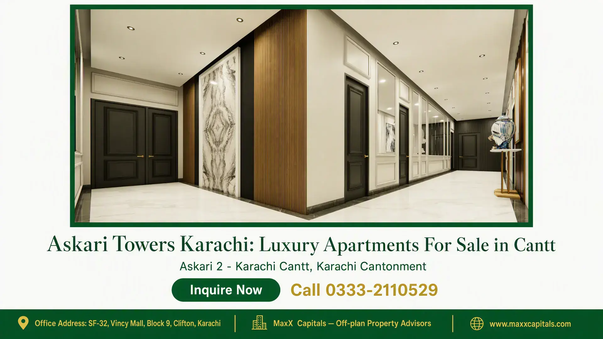 Askari Towers Karachi: Luxury Apartments For Sale in Cantt Elegant corridor at Askari Towers Karachi featuring marble flooring, black wooden doors, and modern decorative accents.