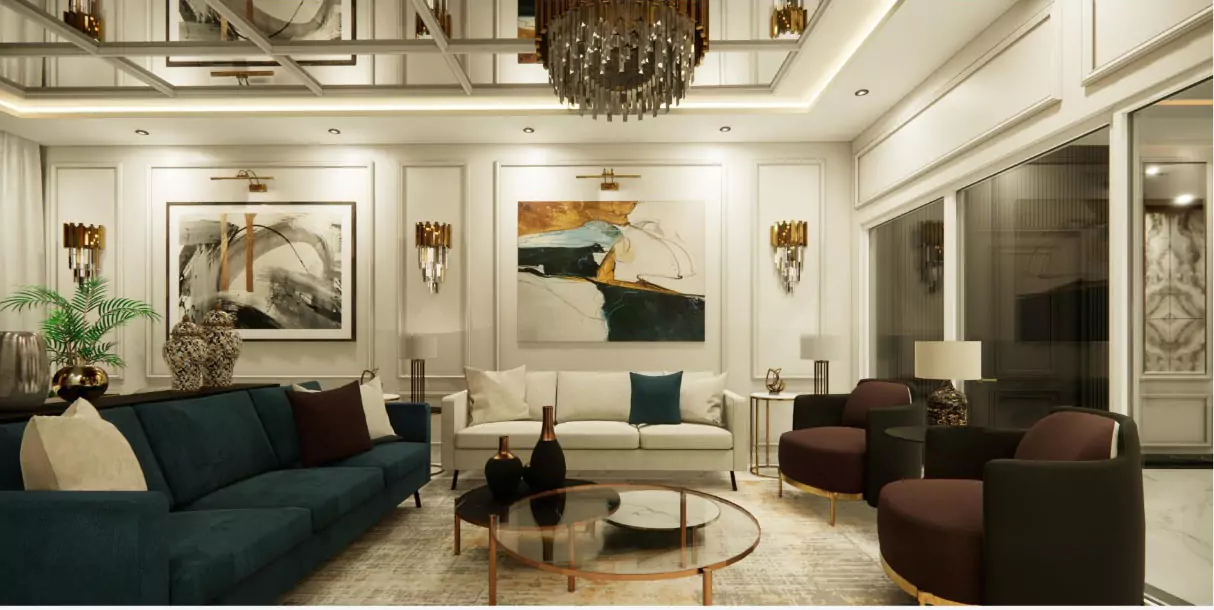 Askari Towers Karachi 3-4 Bedrooms Luxury Apartments For Sale in Cantt Near Jinnah Hosital (10) Luxury living room in Askari Towers Karachi with teal velvet sofas, glass coffee table, chandelier, mirrored ceiling, and abs