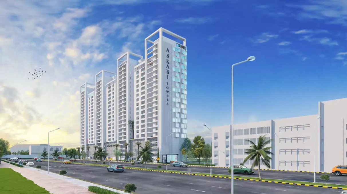 Askari Towers Karachi 3-4 Bedrooms Luxury Apartments For Sale in Cantt Near Jinnah Hosital (2) Askari Towers Karachi high-rise luxury apartments in Cantt, modern white towers with glass facades, palm trees, boulevard and