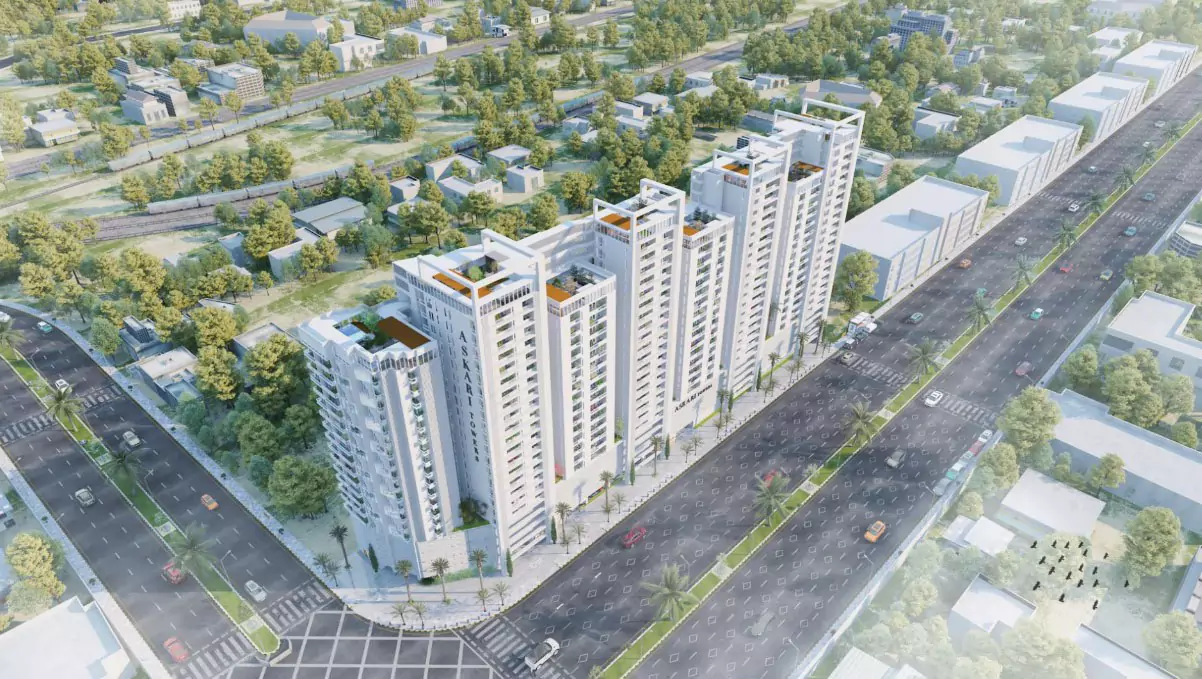 Askari Towers Karachi 3-4 Bedrooms Luxury Apartments For Sale in Cantt Near Jinnah Hosital (3) Aerial view of Askari Towers Karachi luxury apartments in Cantt, modern white high-rise towers along tree-lined streets