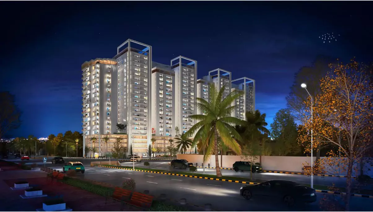 Askari Towers Karachi 3-4 Bedrooms Luxury Apartments For Sale in Cantt Near Jinnah Hosital (5) Night view of Askari Towers Karachi luxury apartments in Cantt with modern high-rises, palm trees, streetlights and road
