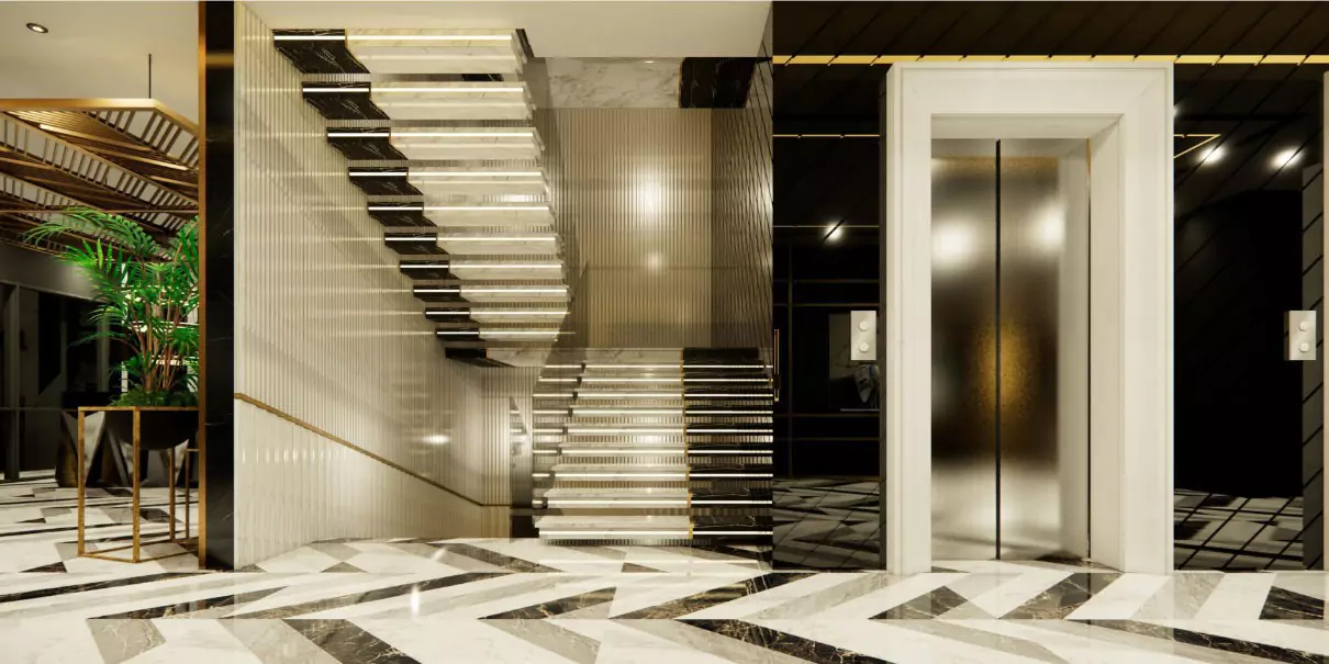 Askari Towers Karachi 3-4 Bedrooms Luxury Apartments For Sale in Cantt Near Jinnah Hosital (6) Grand floating black marble staircase with gold railings and glass elevators with gold doors in Askari Towers Karachi lobby