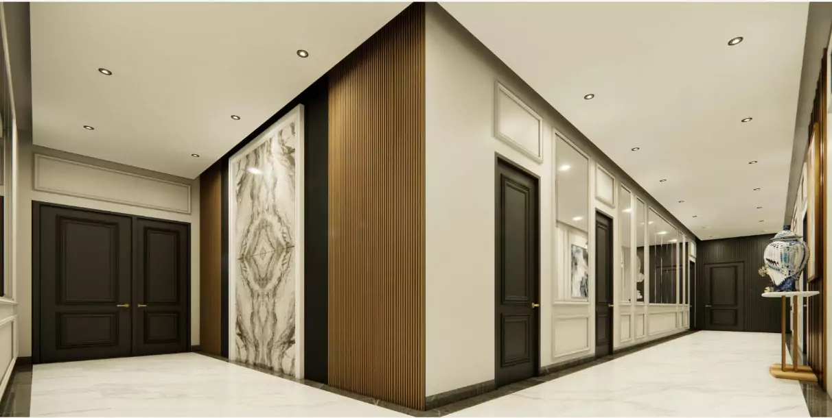 Askari Towers Karachi 3-4 Bedrooms Luxury Apartments For Sale in Cantt Near Jinnah Hosital (9) Elegant corridor with marble feature wall, wood paneling, dark doors in Askari Towers Karachi Cantt
