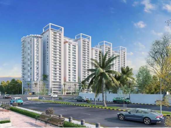 Modern High-Rise White Towers Of Askari Towers Karachi In Cantt, With Palm Trees, Landscaped Road And Vehicles