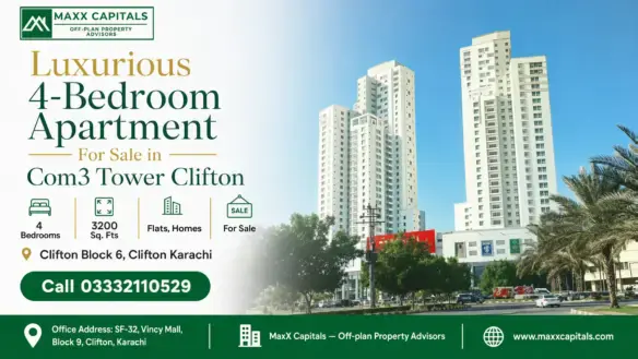 Modern High-Rise Towers Of Com3 Tower Clifton Surrounded By Lush Greenery And A Clear Blue Sky.