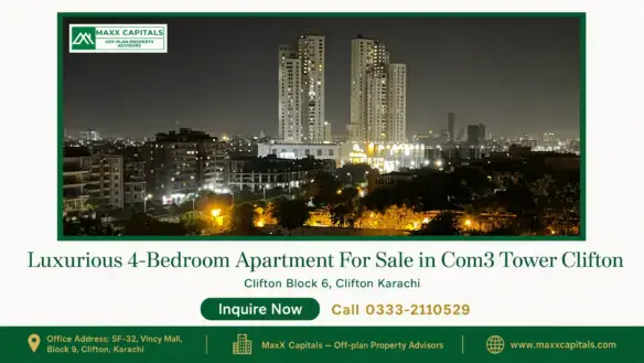 Night view of Com3 Tower Clifton with illuminated high-rise buildings and surrounding cityscape in Clifton, Karachi.