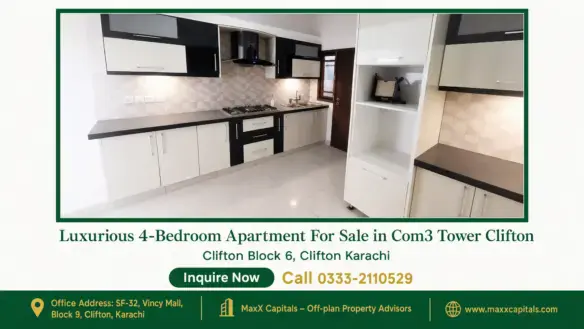 Modern kitchen with black and white cabinetry, tiled backsplash, stainless steel appliances, and spacious countertops in Com3