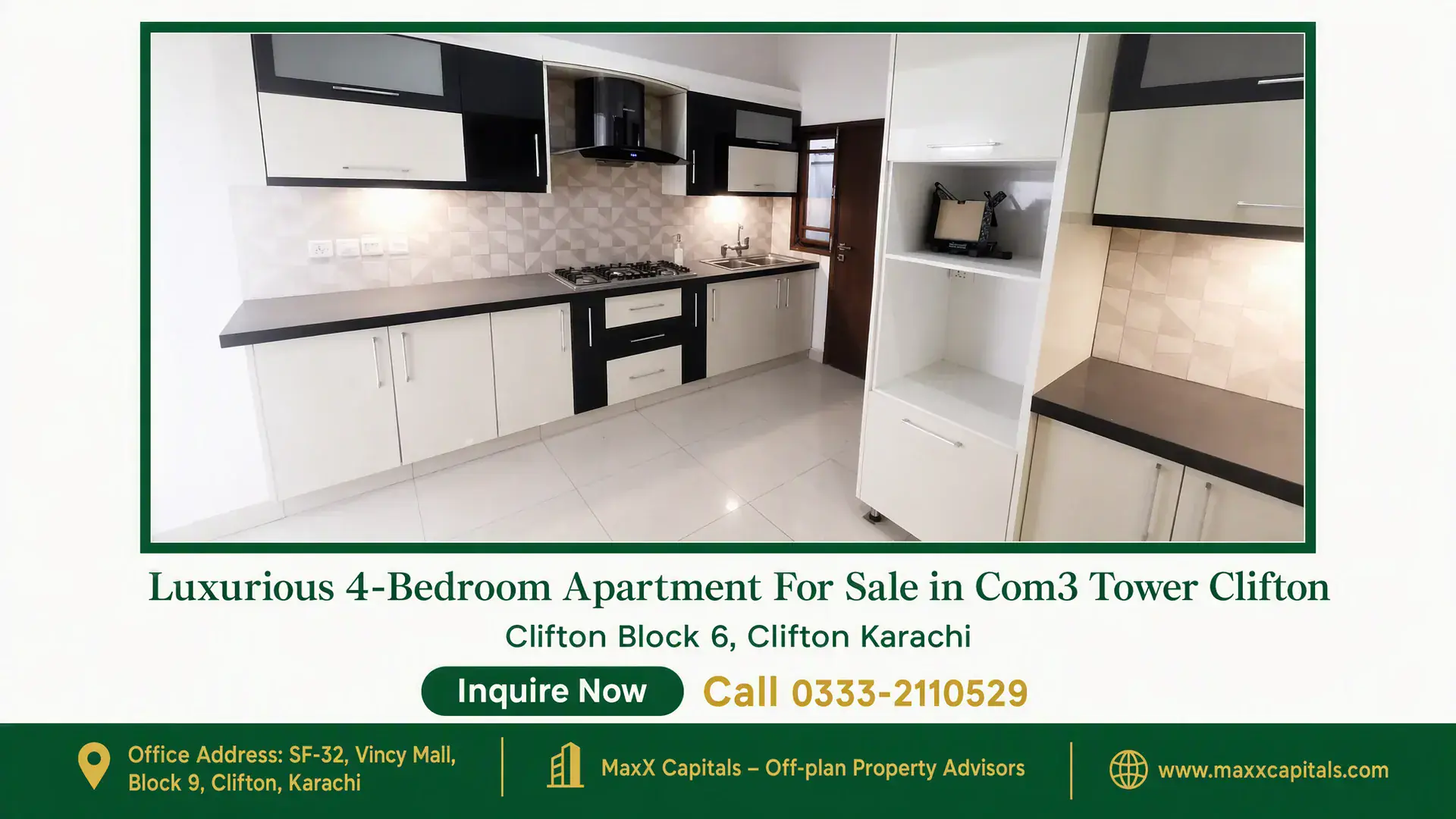 Luxurious 4-Bedroom Apartment For Sale in Com3 Tower Clifton Modern kitchen with black and white cabinetry, tiled backsplash, stainless steel appliances, and spacious countertops in Com3