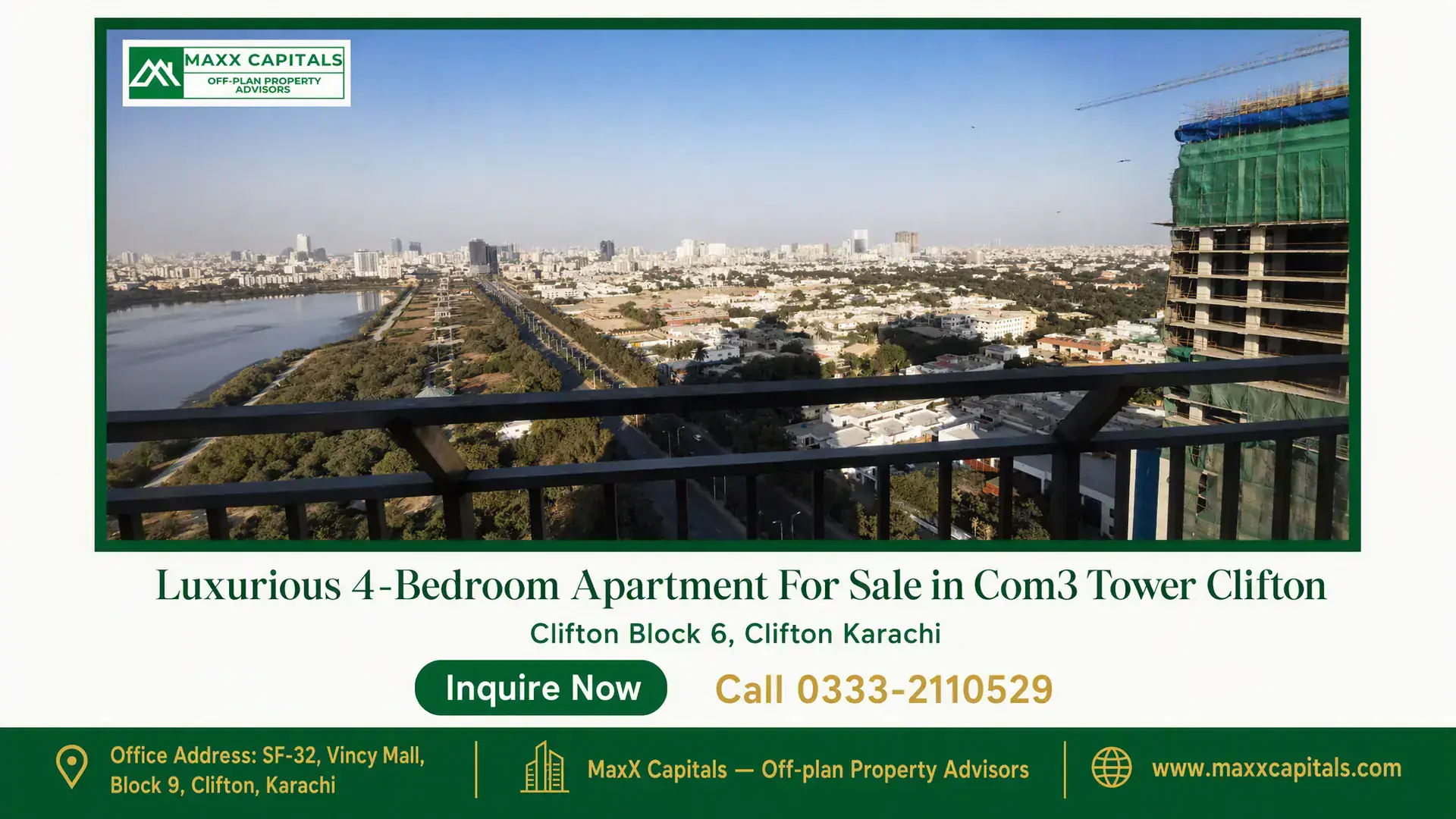 Luxurious 4-Bedroom Apartment For Sale in Com3 Tower Clifton High-rise view from a balcony overlooking Clifton Block 6 with lush greenery, cityscape, and a partially constructed building