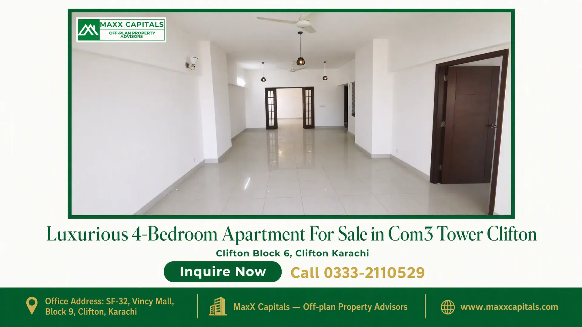Luxurious 4-Bedroom Apartment For Sale in Com3 Tower Clifton Spacious living area with modern tile flooring, white walls, and ceiling lights in a luxury apartment in Com3 Tower Clifton.