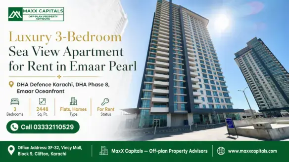 Modern High-Rise Apartment Buildings At Emaar Oceanfront In Dha Phase 8, Karachi, With Expansive Balconies And A Sunny Backdr