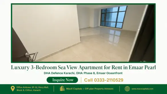 Spacious tiled living area with floor-to-ceiling windows offering oceanfront views in a luxury apartment for rent in Emaar.