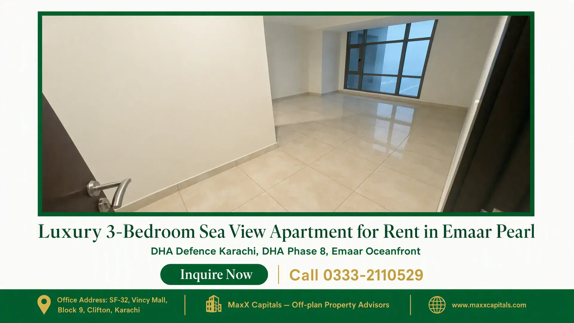 Luxury 3-Bedroom Sea View Apartment for Rent in Emaar Pearl Spacious tiled living area with floor-to-ceiling windows offering oceanfront views in a luxury apartment for rent in Emaar.