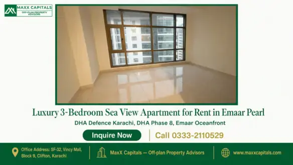 Spacious apartment with large floor-to-ceiling windows in Emaar Pearl, featuring a tiled interior and urban views.