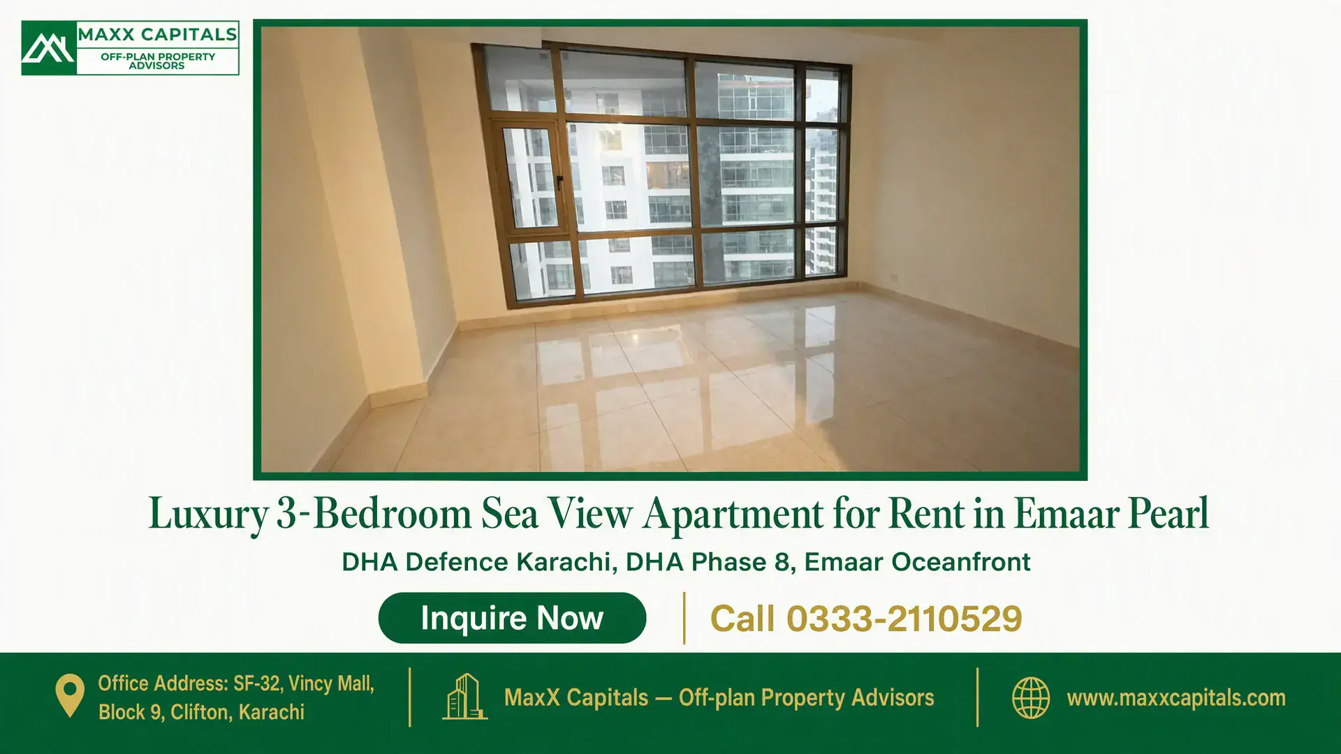 Luxury 3-Bedroom Sea View Apartment for Rent in Emaar Pearl Spacious apartment with large floor-to-ceiling windows in Emaar Pearl, featuring a tiled interior and urban views.