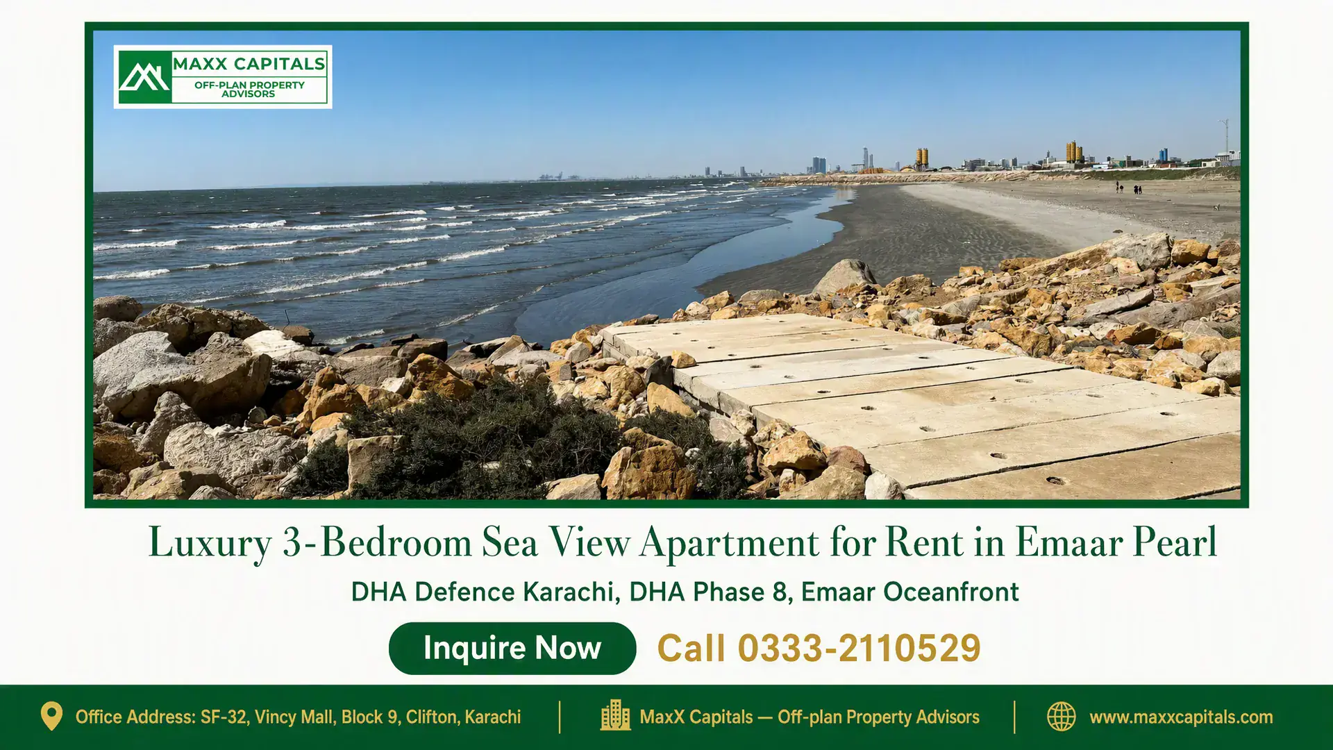Luxury 3-Bedroom Sea View Apartment for Rent in Emaar Pearl Scenic seaside view with a pathway, rocky shore, and distant city skyline near Emaar Pearl apartments.