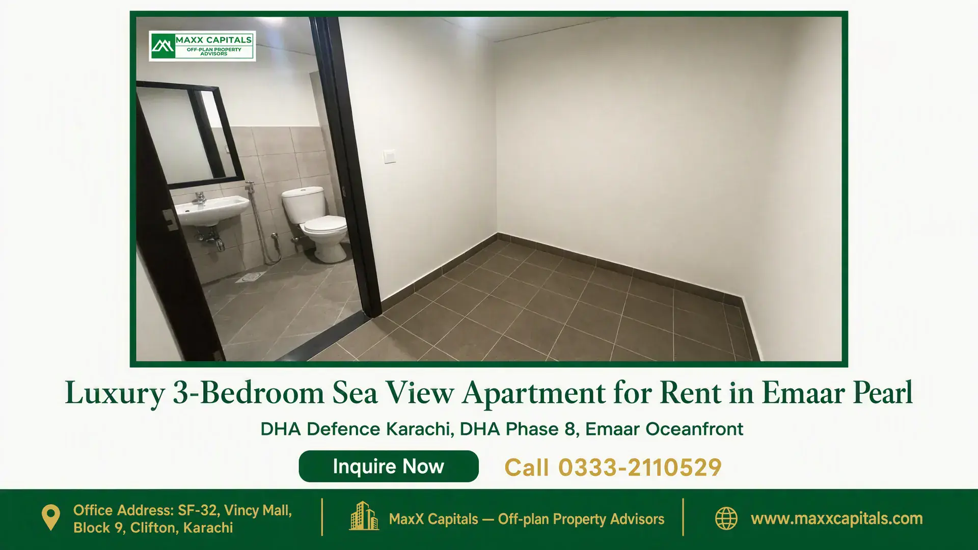 Luxury 3-Bedroom Sea View Apartment for Rent in Emaar Pearl Spacious tiled room with attached modern bathroom in a luxury apartment for rent in Emaar Pearl.