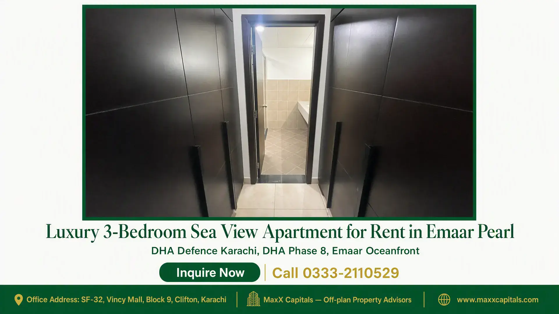 Luxury 3-Bedroom Sea View Apartment for Rent in Emaar Pearl Spacious hallway leading to a tiled modern bathroom in a luxury apartment for rent in Emaar.