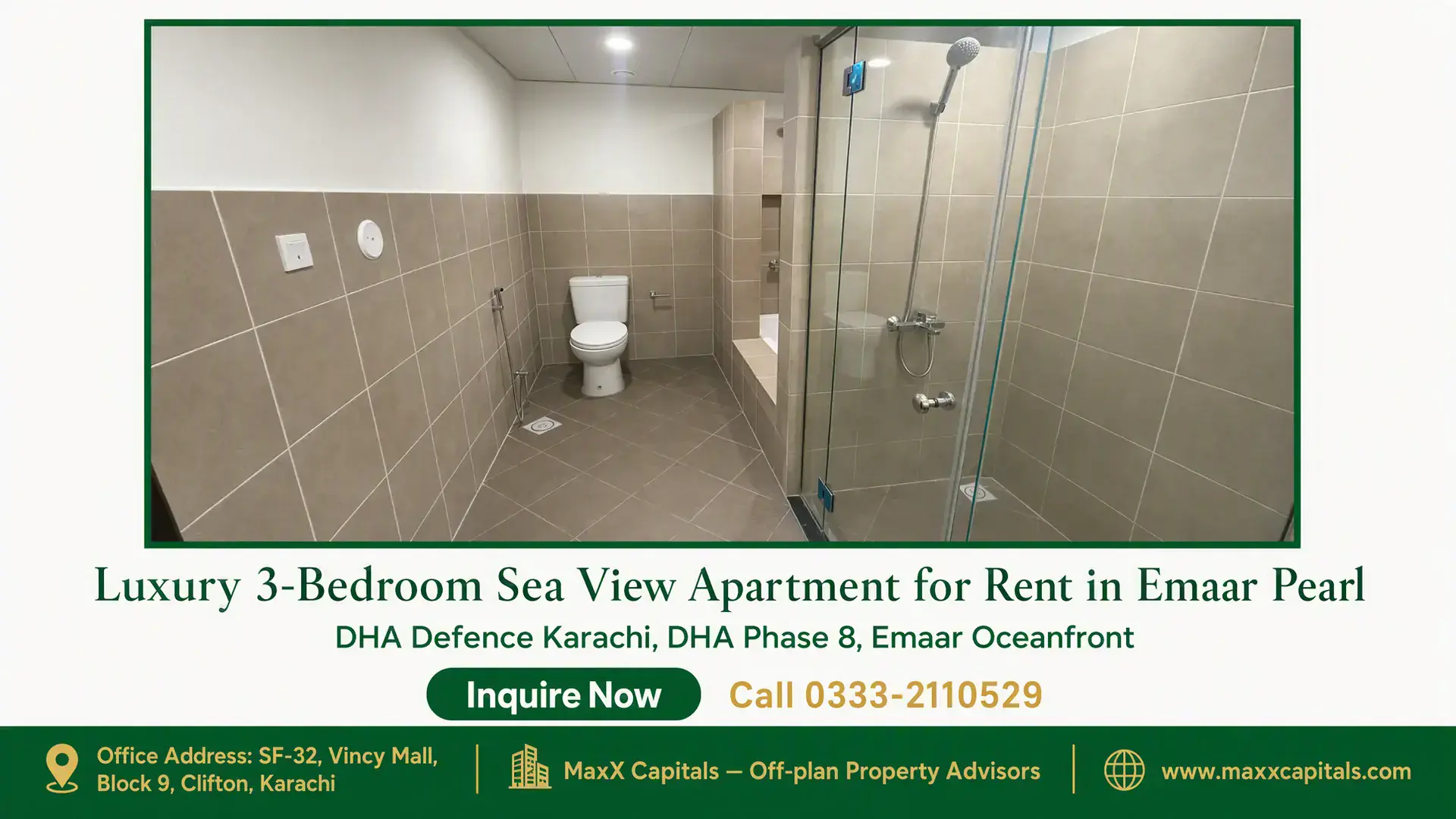 Luxury 3-Bedroom Sea View Apartment for Rent in Emaar Pearl Modern bathroom with beige tiled walls, glass shower enclosure, and premium fixtures in an apartment for rent in Emaar.