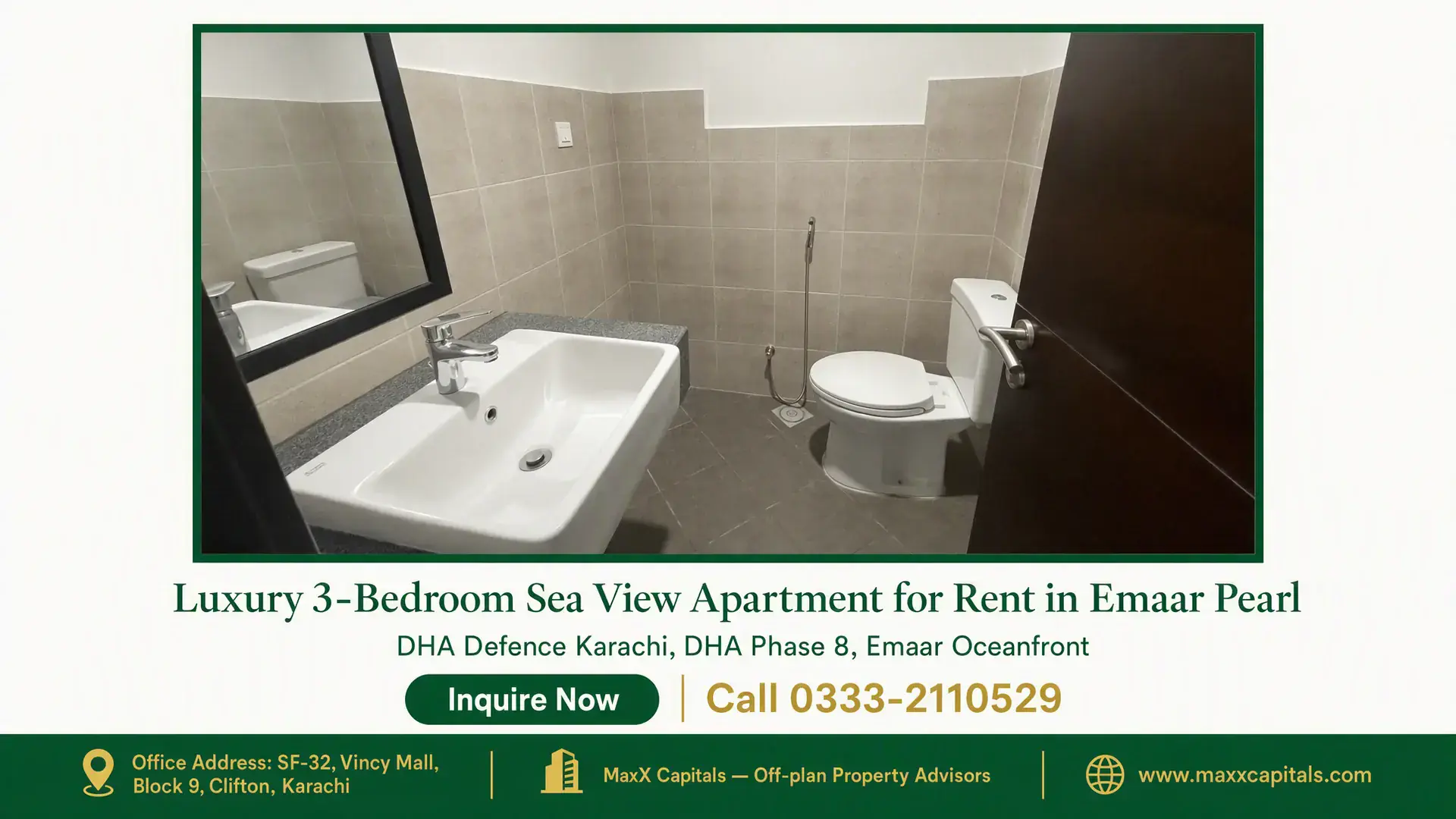 Luxury 3-Bedroom Sea View Apartment for Rent in Emaar Pearl Modern bathroom featuring a ceramic sink, mirror, and tiled walls in an apartment for rent in Emaar Pearl.