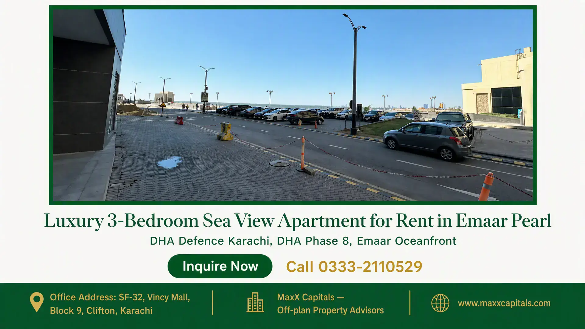Luxury 3-Bedroom Sea View Apartment for Rent in Emaar Pearl Parking area and paved walkway near a luxury apartment for rent in Emaar Pearl with a glimpse of oceanfront and modern surrou