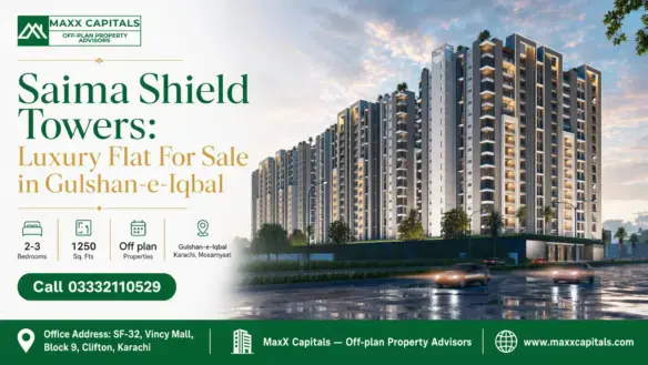 Modern High-Rise Residential Towers Of Saima Shield Towers In Gulshan-E-Iqbal With Illuminated Balconies And Landscaped Surro
