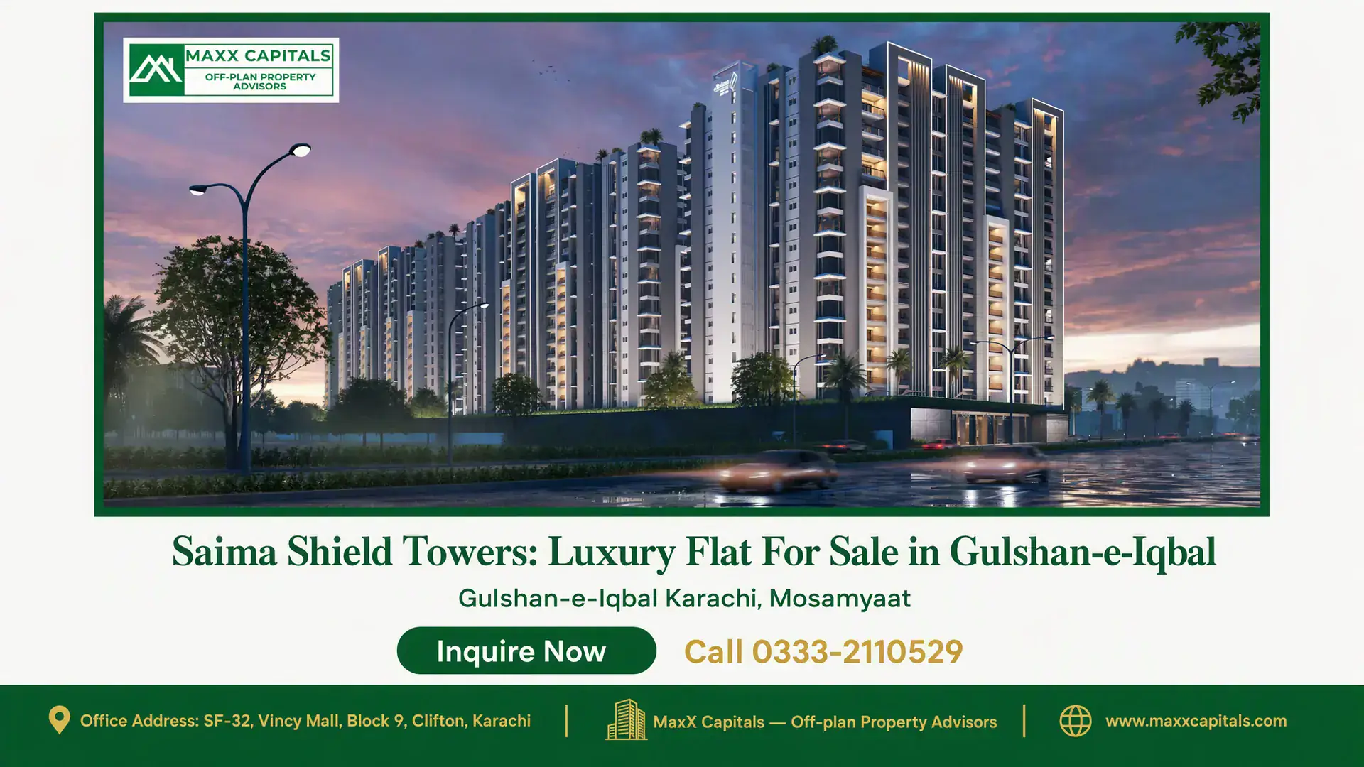 Saima Shield Towers: Luxury Flat For Sale in Gulshan-e-Iqbal Saima Shield Towers in Gulshan-e-Iqbal, featuring modern high-rise architecture with illuminated balconies and lush landscapi