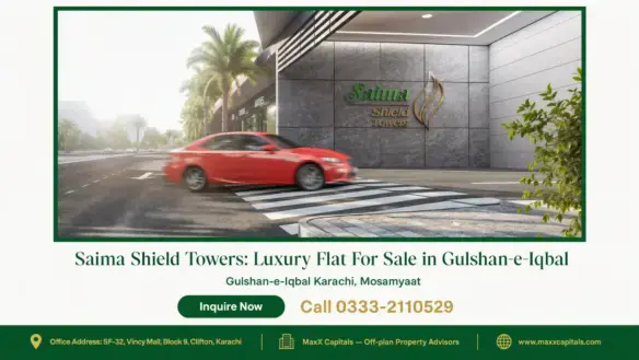 Modern entrance of Saima Shield Towers in Gulshan-e-Iqbal, featuring a sleek gray facade, glass storefronts, and landscaped s