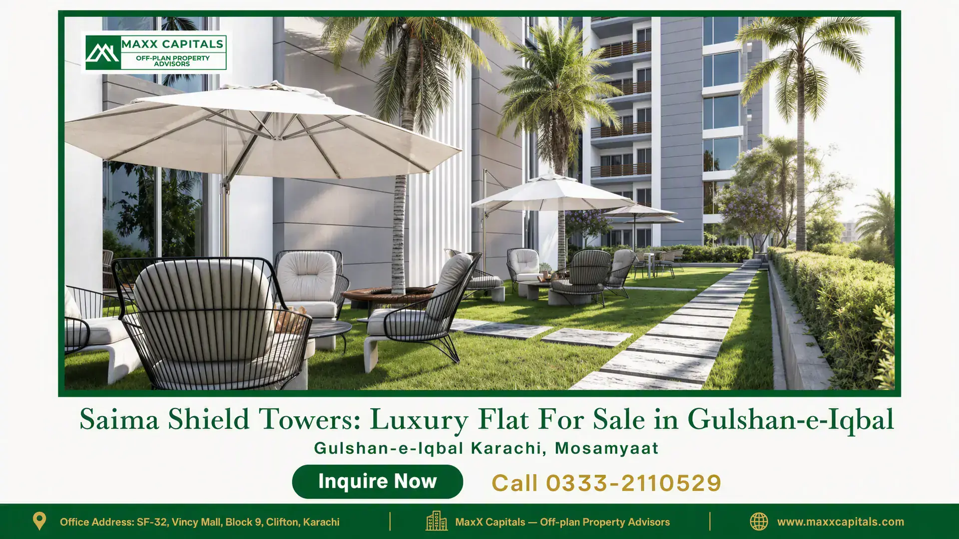 Saima Shield Towers: Luxury Flat For Sale in Gulshan-e-Iqbal Luxury outdoor seating area with modern chairs, umbrellas, and landscaped garden at Saima Shield Towers, Gulshan-e-Iqbal Kara