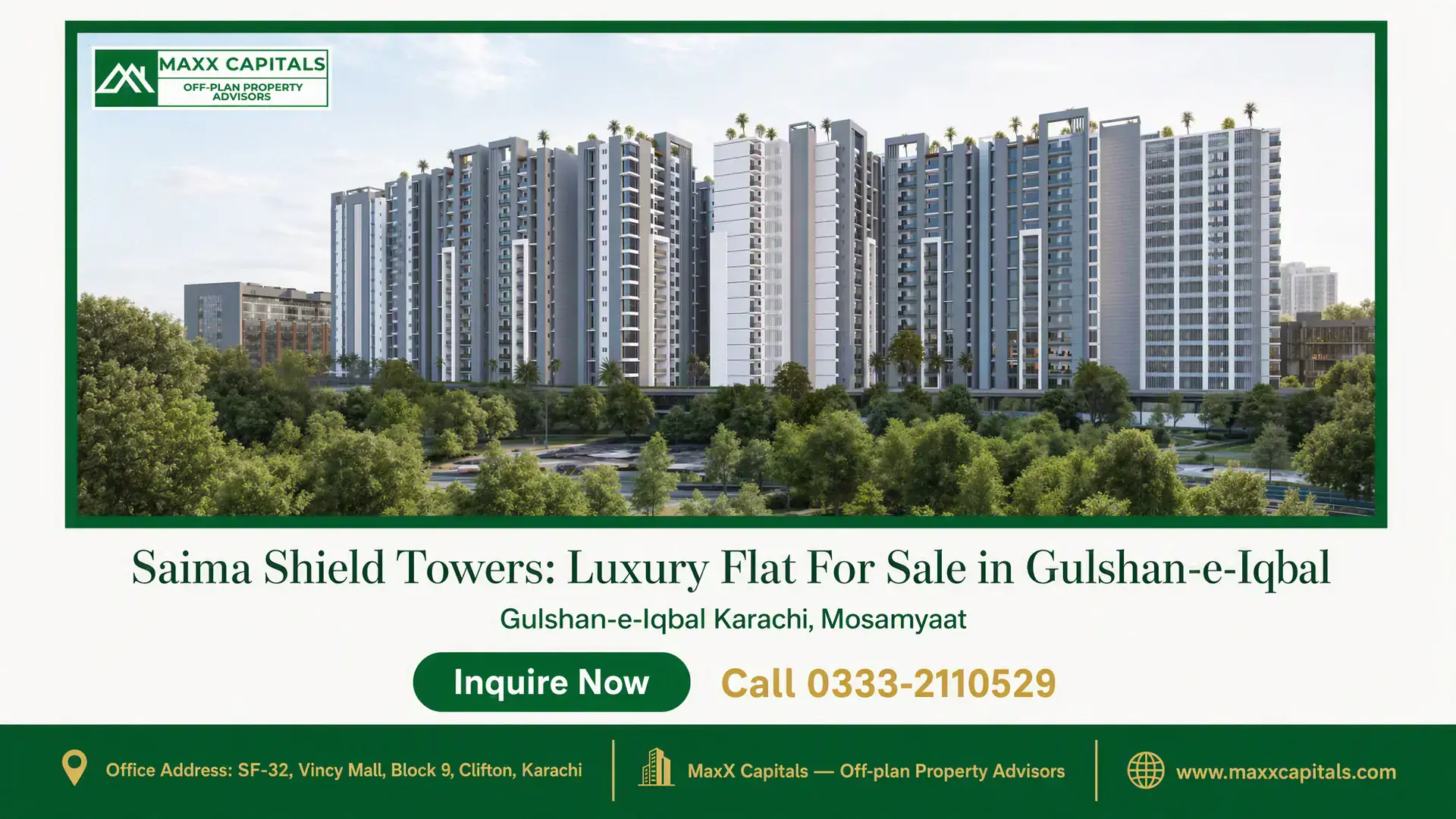 Saima Shield Towers: Luxury Flat For Sale in Gulshan-e-Iqbal Modern residential towers of Saima Shield Towers in Gulshan-e-Iqbal surrounded by lush greenery and urban infrastructure.