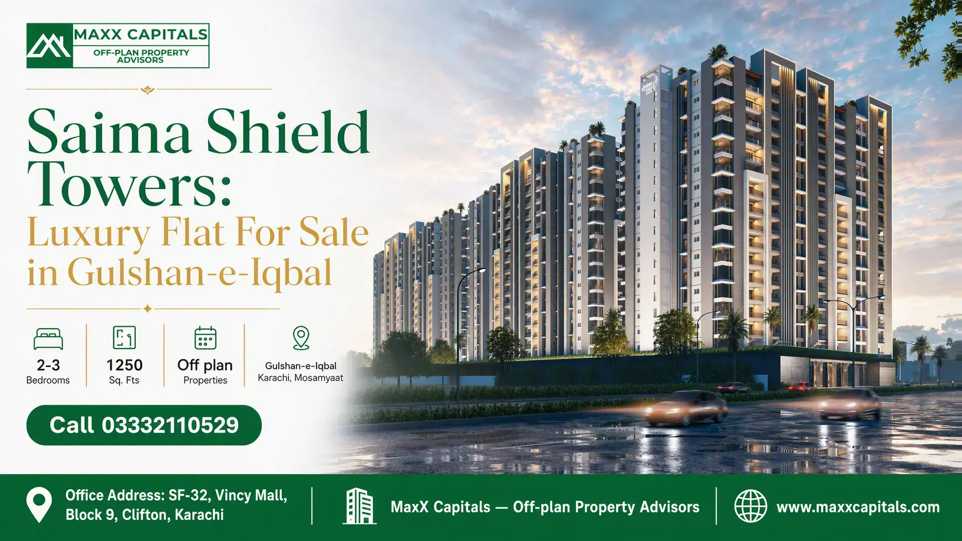 Saima Shield Towers: Luxury Flat For Sale in Gulshan-e-Iqbal Modern high-rise residential towers of Saima Shield Towers in Gulshan-e-Iqbal with illuminated balconies and landscaped surro