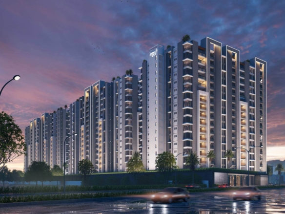 Saima Shield Towers Luxury High-Rise In Gulshan-E-Iqbal, Modern Towers With Glass Facades, Lit Windows, Palm Trees, And Dusk 