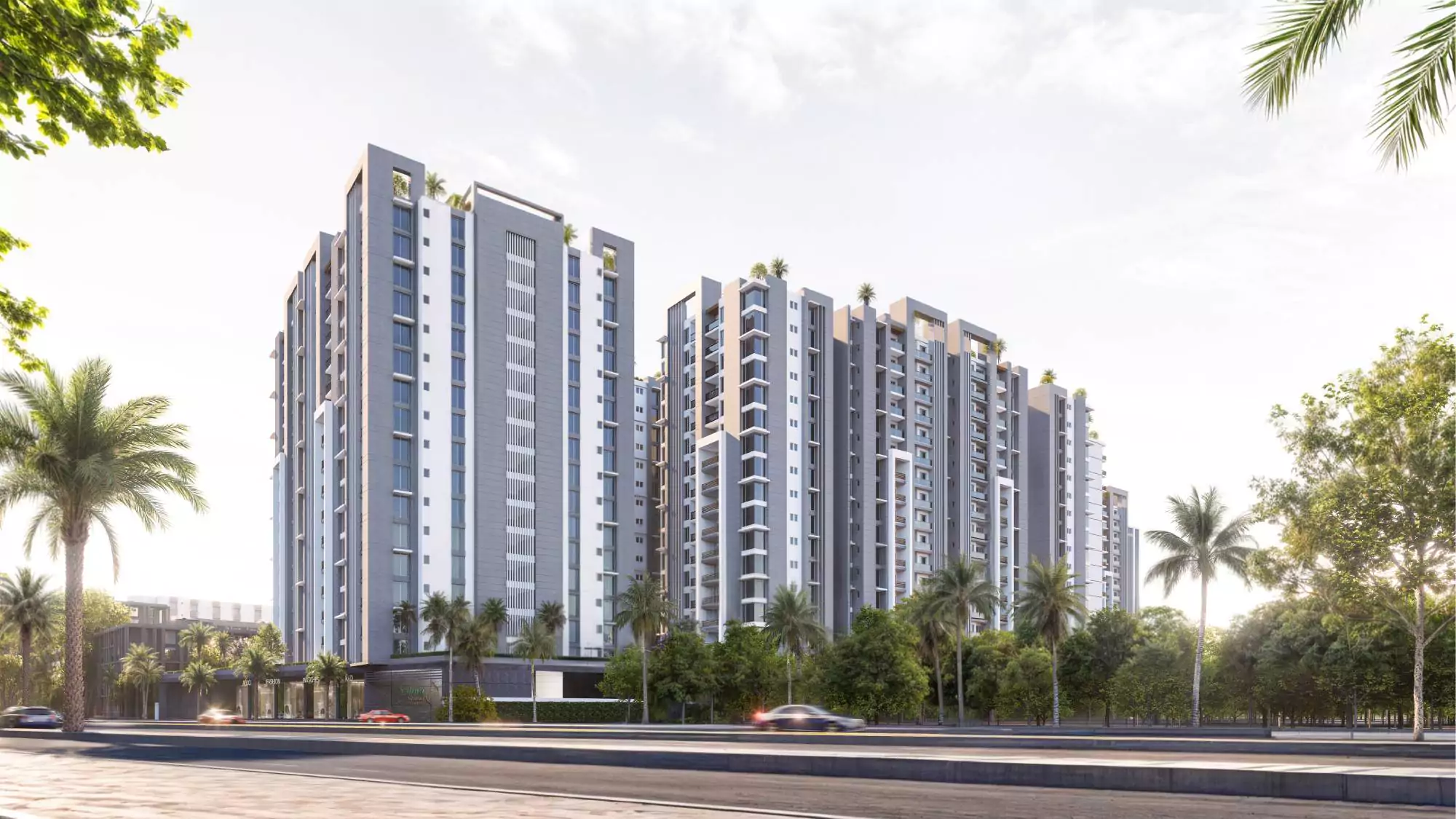 Saima Shield Towers Luxury Flats For Sale in Gulshan-e-Iqbal Near Mosamiyat (1) Saima Shield Towers high-rise buildings in Gulshan-e-Iqbal with modern white facades, palm trees and green surroundings