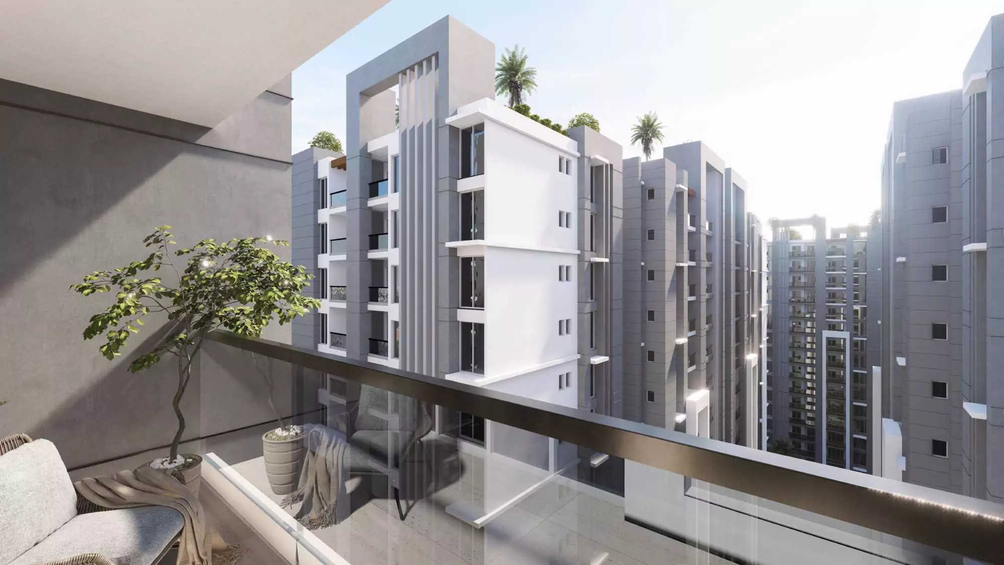 Saima Shield Towers Luxury Flats For Sale in Gulshan-e-Iqbal Near Mosamiyat (5) Balcony in Saima Shield Towers Gulshan-e-Iqbal with glass railing potted plants lounge seating overlooking modern high-rise t