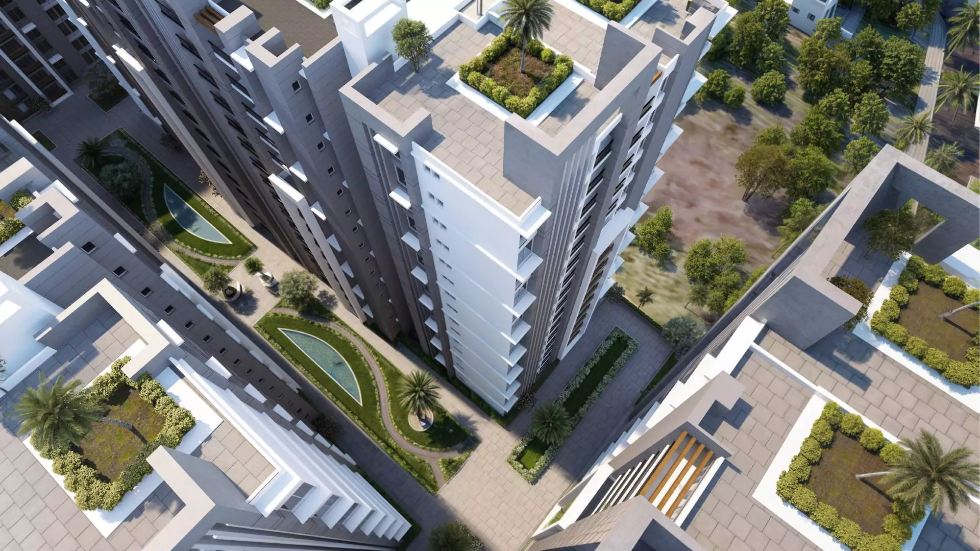 Saima Shield Towers Luxury Flats For Sale in Gulshan-e-Iqbal Near Mosamiyat (7) Aerial view of Saima Shield Towers in Gulshan-e-Iqbal showing modern high-rise towers with rooftop gardens, palm trees, lands