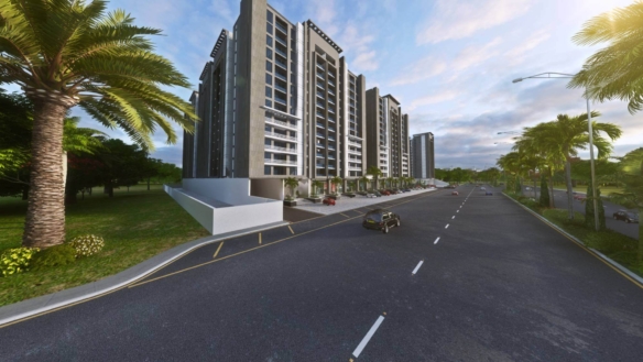 Multi-Story Luxury Flats At Saima Greens Residencia Near Airport, Gray Modern Buildings With Balconies, Palm Trees, Landscape