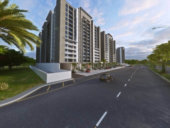 Multi-Story Luxury Flats At Saima Greens Residencia Near Airport, Gray Modern Buildings With Balconies, Palm Trees, Landscape