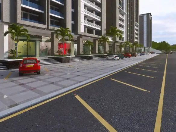 Saima Greens Residencia luxury flats near airport: modern high-rise towers with balconies, palm trees, ground-floor shops, an