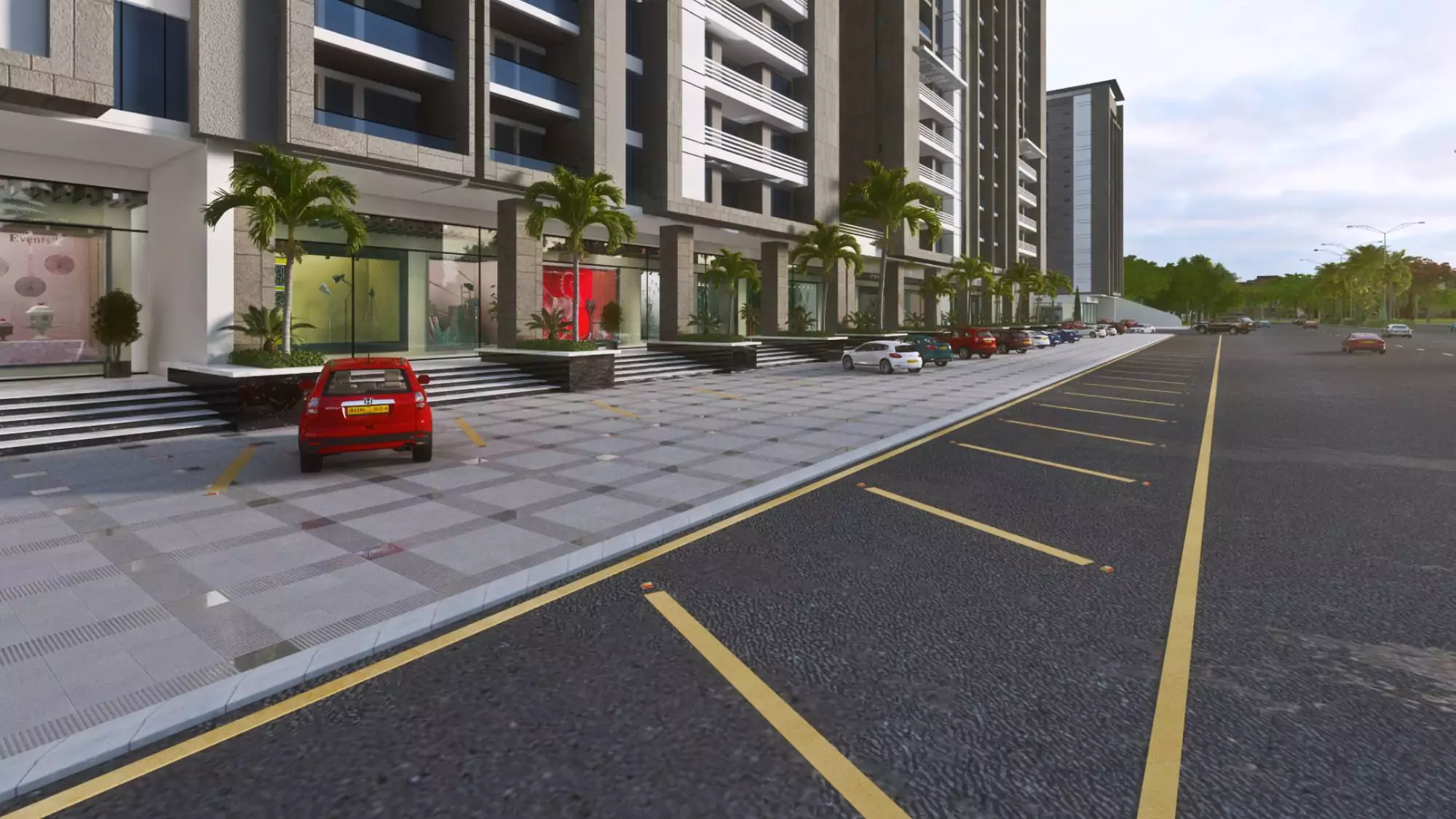 Saima Greens Residencia Luxury Flats For Sale near Karachi Airport and Shahrah-e-Faisal (1) Saima Greens Residencia luxury flats near airport: modern high-rise towers with balconies, palm trees, ground-floor shops, an