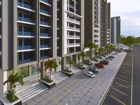 Saima Greens Residencia luxury flats exterior near airport, multi-story towers with balconies, palm trees, landscaped entranc