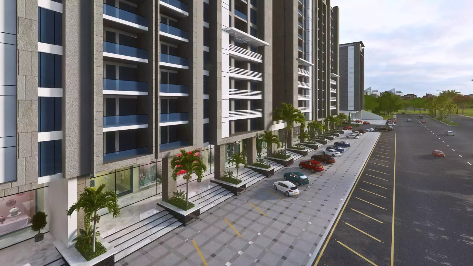 Saima Greens Residencia Luxury Flats For Sale near Karachi Airport and Shahrah-e-Faisal (2) Saima Greens Residencia luxury flats exterior near airport, multi-story towers with balconies, palm trees, landscaped entranc
