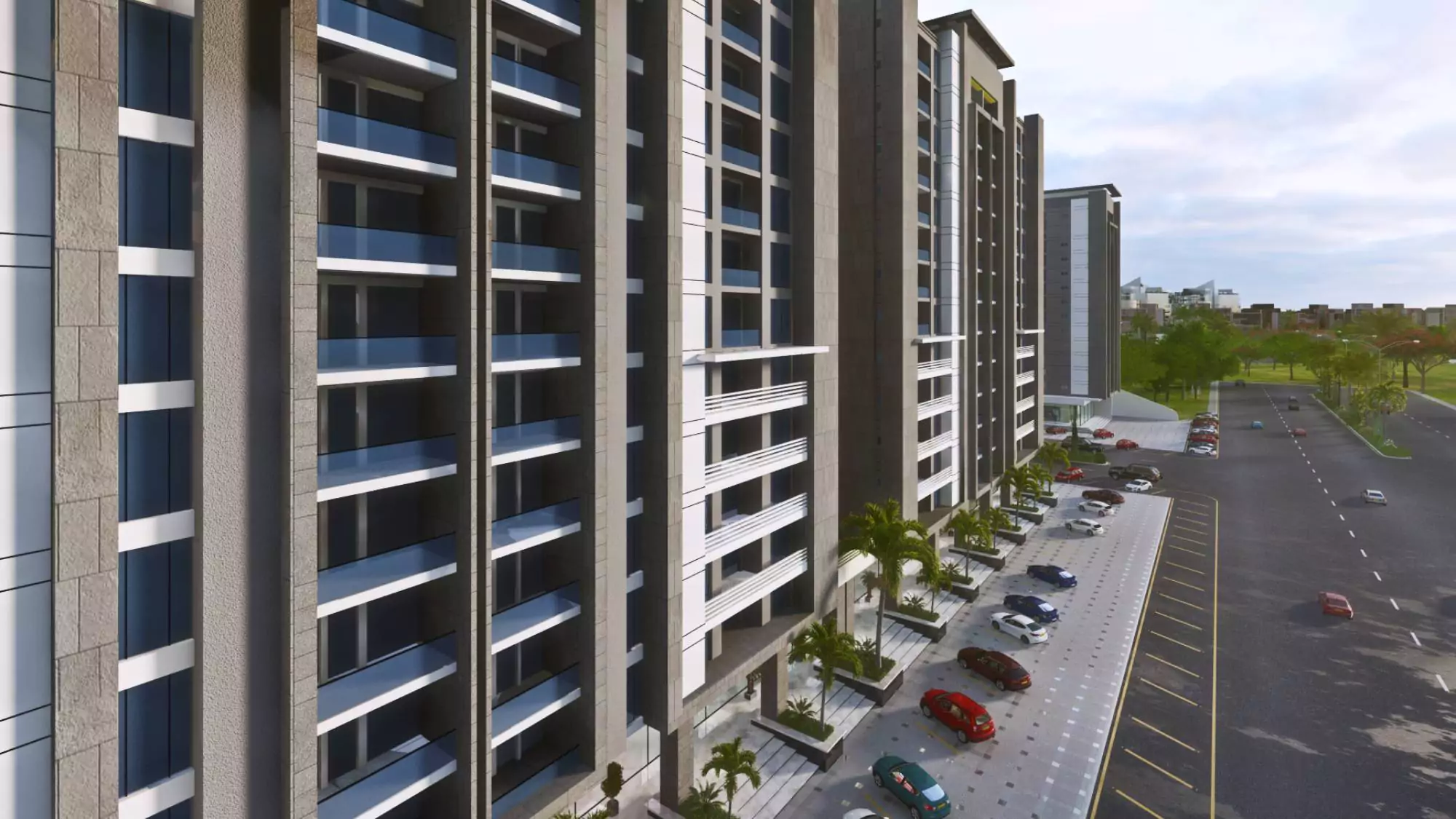 Saima Greens Residencia Luxury Flats For Sale near Karachi Airport and Shahrah-e-Faisal (3) Saima Greens Residencia luxury flats near airport: tall modern buildings with glass balconies, palm trees, cars, and roadside