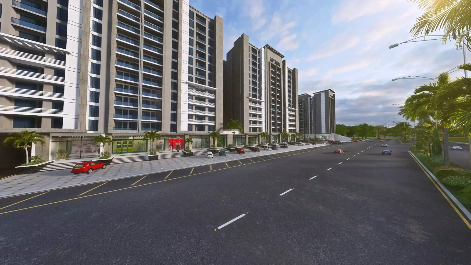 Saima Greens Residencia Luxury Flats For Sale near Karachi Airport and Shahrah-e-Faisal (5) Saima Greens Residencia high-rise luxury flats near airport: modern grey towers with balconies, palm trees, wide road and gre